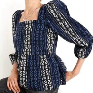 Madewell Black Millbrook Aztec Pattern Blouse Square Cut Front Neck Size XS NWOT